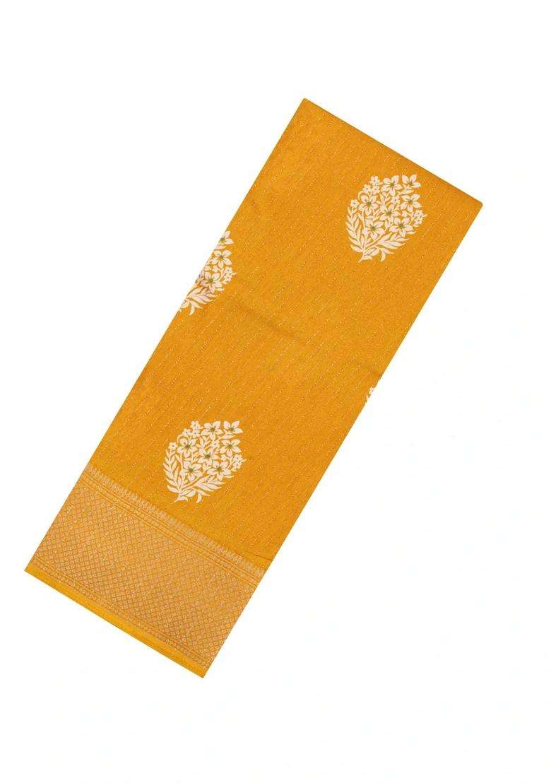 Mango Yellow Printed Synthetic Dola Silk Saree With Motifs Zari Stripes For Women - Indya