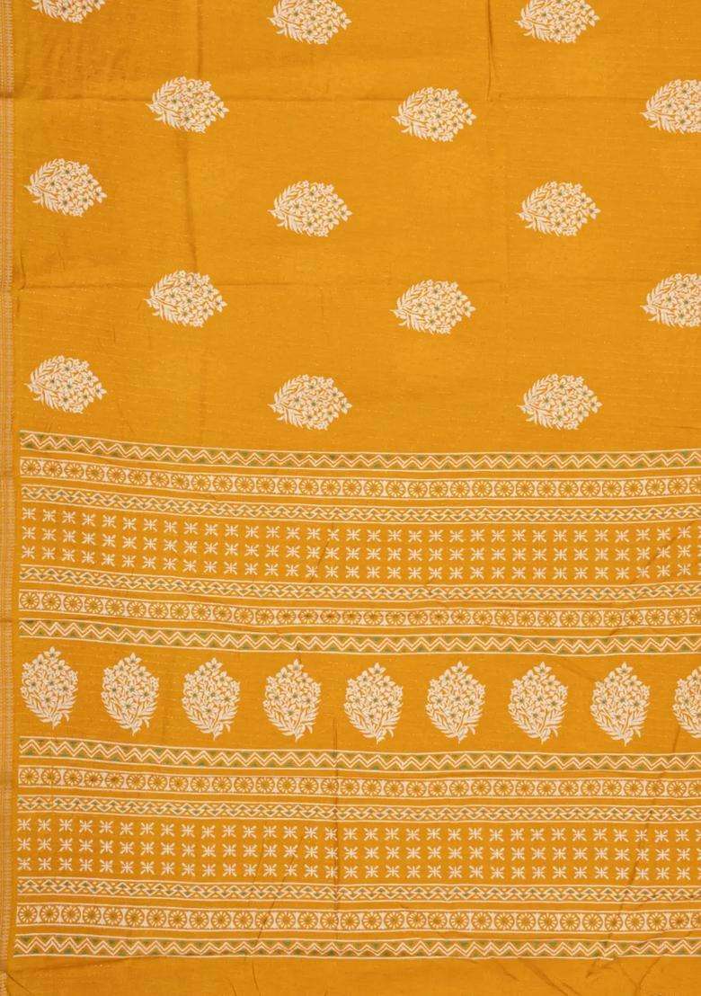 Mango Yellow Printed Synthetic Dola Silk Saree With Motifs Zari Stripes For Women - Indya