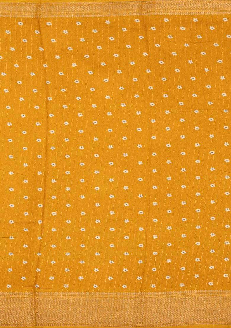 Mango Yellow Printed Synthetic Dola Silk Saree With Motifs Zari Stripes For Women - Indya
