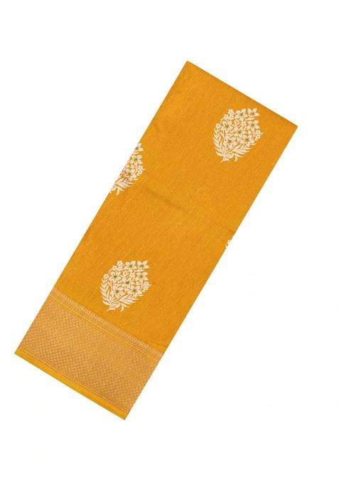 Mango Yellow Printed Synthetic Dola Silk Saree With Motifs Zari Stripes For Women