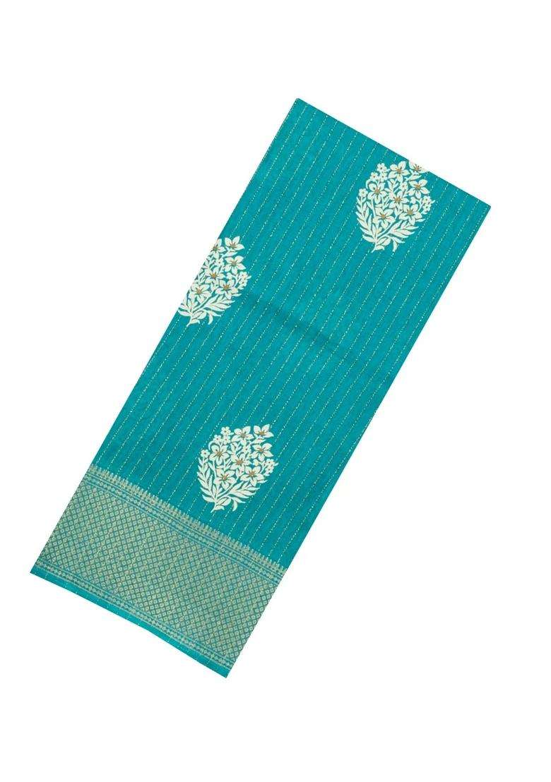 Cyan Printed Synthetic Dola Silk Saree With Motifs Zari Stripes For Women - Indya