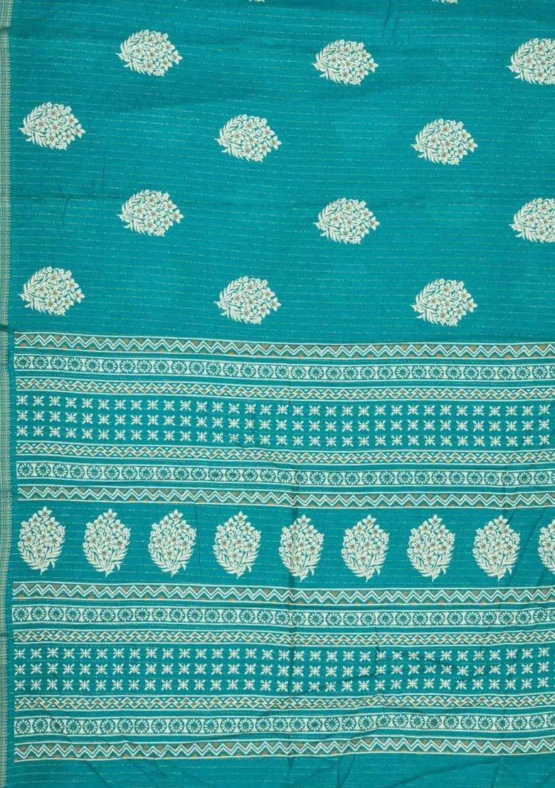 Cyan Printed Synthetic Dola Silk Saree With Motifs Zari Stripes For Women - Indya