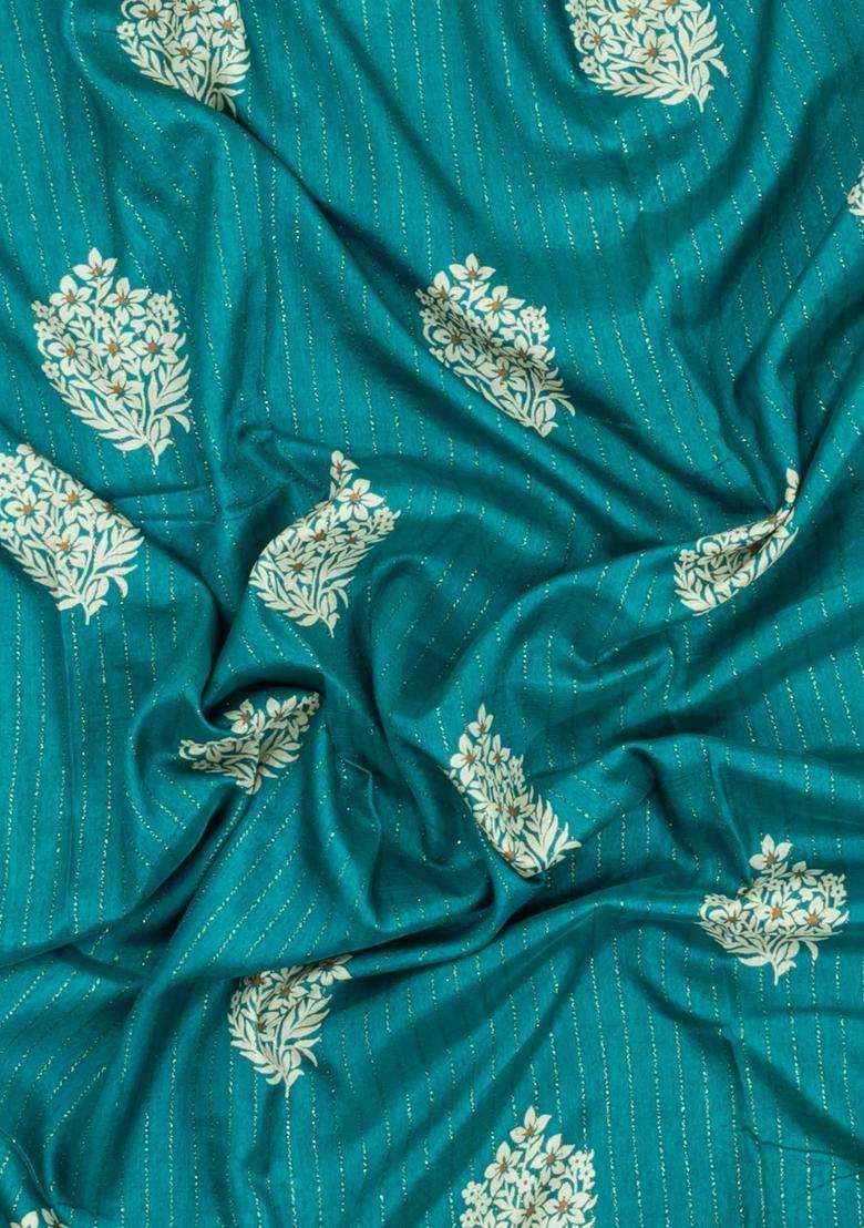 Cyan Printed Synthetic Dola Silk Saree With Motifs Zari Stripes For Women - Indya