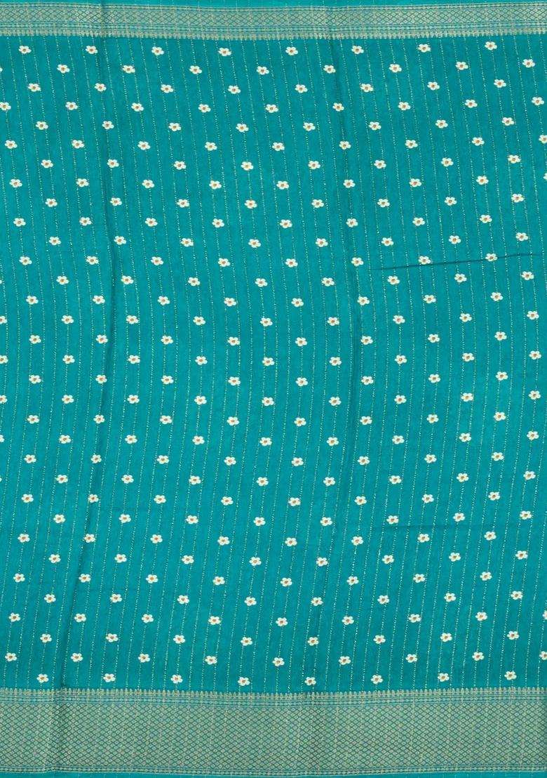 Cyan Printed Synthetic Dola Silk Saree With Motifs Zari Stripes For Women - Indya