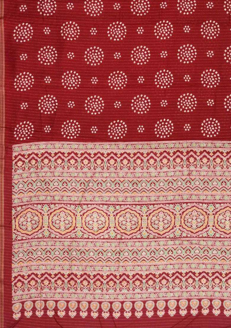 Maroon Printed Synthetic Dola Silk Saree With Motifs Zari Stripes For Women - Indya