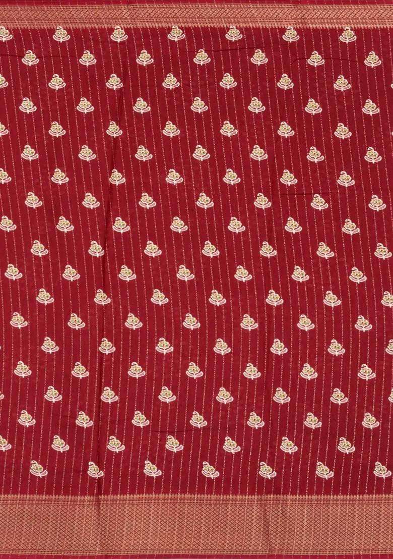 Maroon Printed Synthetic Dola Silk Saree With Motifs Zari Stripes For Women - Indya