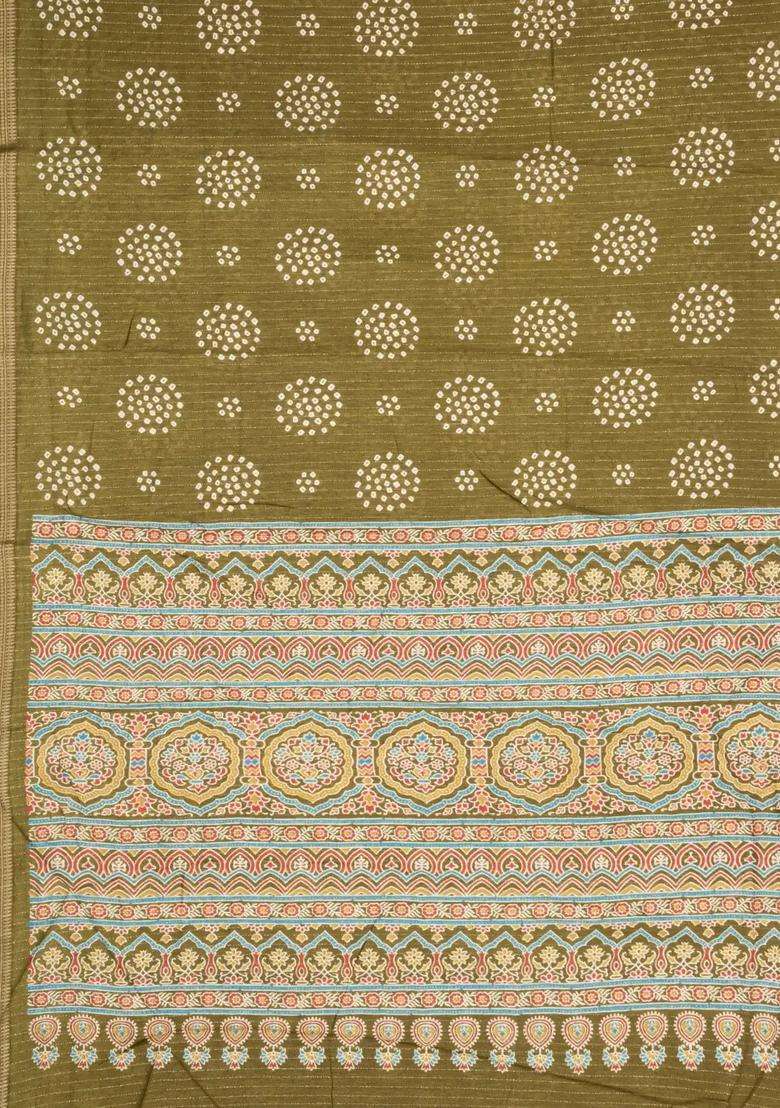 Olive Green Printed Synthetic Dola Silk Saree With Motifs Zari Stripes For Women - Indya