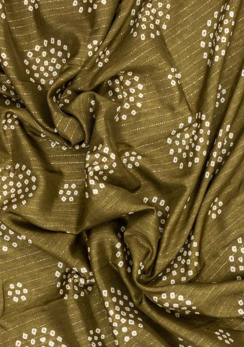 Olive Green Printed Synthetic Dola Silk Saree With Motifs Zari Stripes For Women - Indya