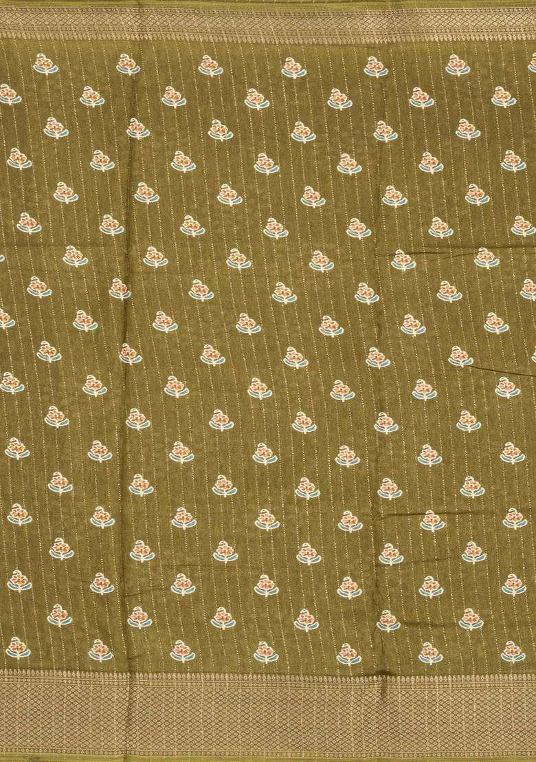 Olive Green Printed Synthetic Dola Silk Saree With Motifs Zari Stripes For Women - Indya