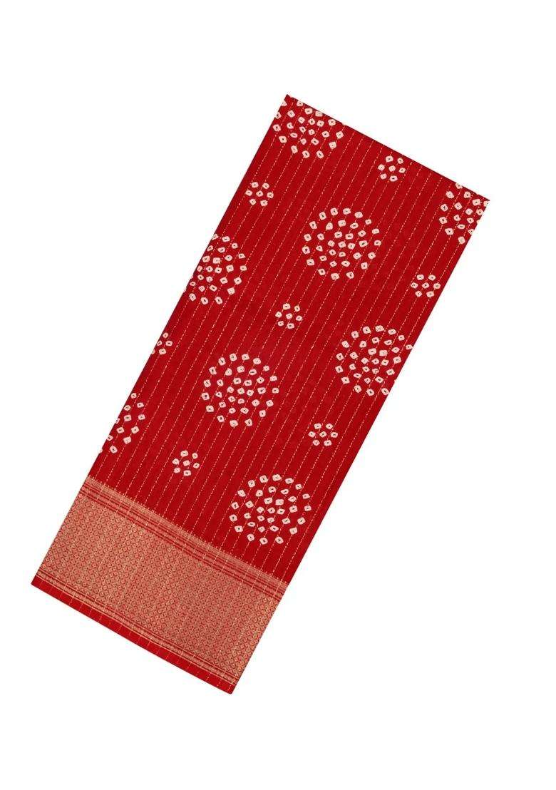Red Printed Synthetic Dola Silk Saree With Motifs Zari Stripes For Women - Indya