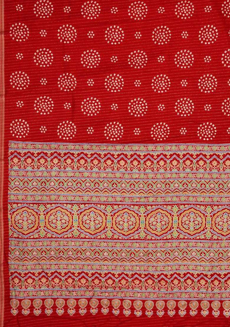 Red Printed Synthetic Dola Silk Saree With Motifs Zari Stripes For Women - Indya