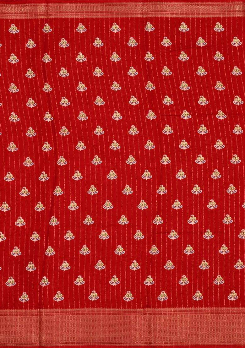 Red Printed Synthetic Dola Silk Saree With Motifs Zari Stripes For Women - Indya