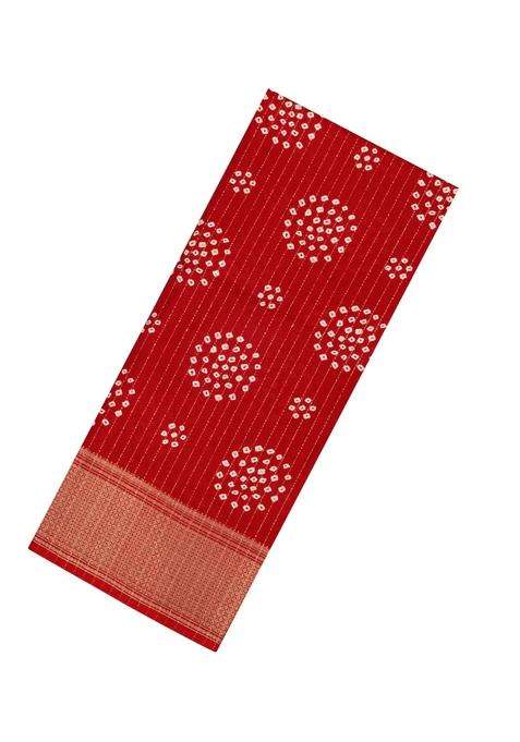 Red Printed Synthetic Dola Silk Saree With Motifs Zari Stripes For Women