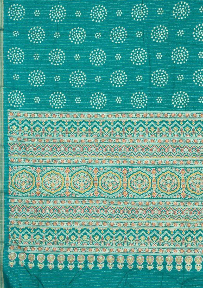 Cyan Printed Synthetic Dola Silk Saree With Motifs Zari Stripes For Women - Indya