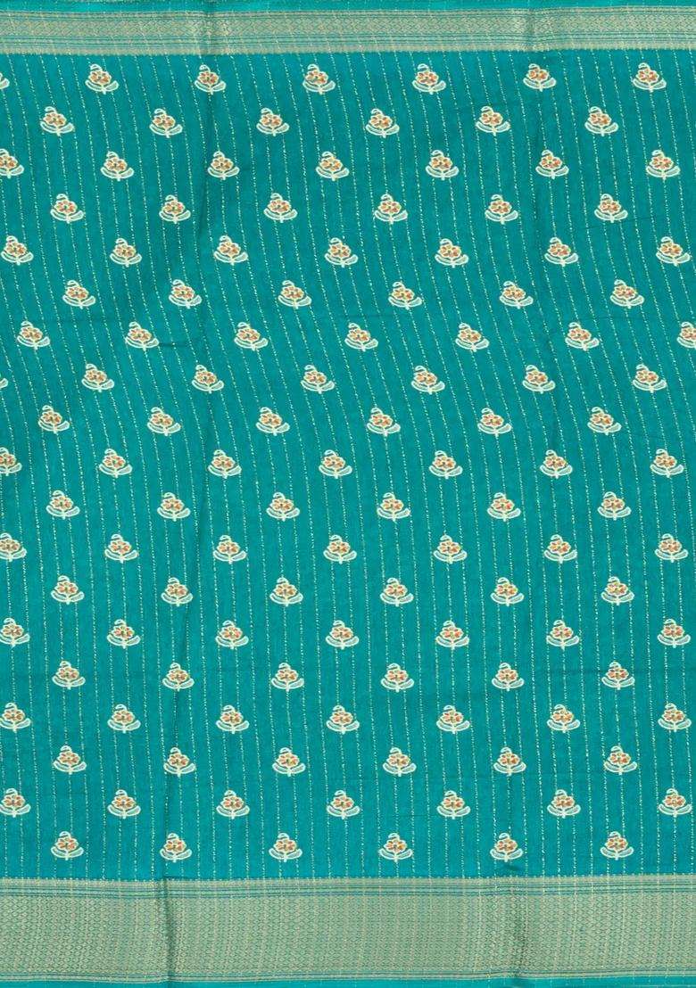 Cyan Printed Synthetic Dola Silk Saree With Motifs Zari Stripes For Women - Indya
