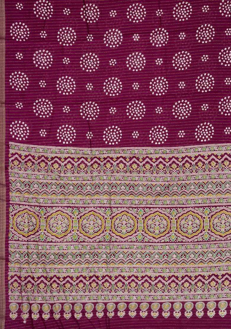 Burgundy Printed Synthetic Dola Silk Saree With Motifs Zari Stripes For Women - Indya