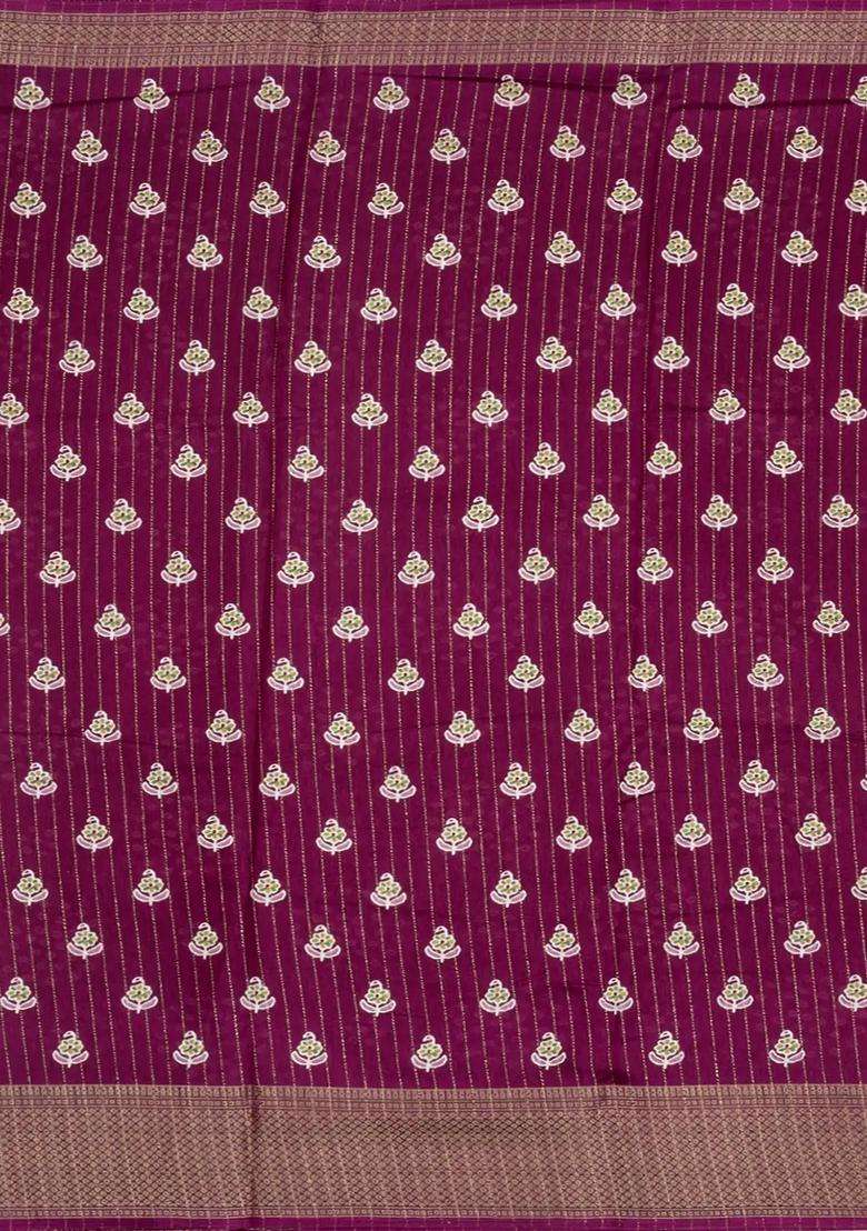 Burgundy Printed Synthetic Dola Silk Saree With Motifs Zari Stripes For Women - Indya