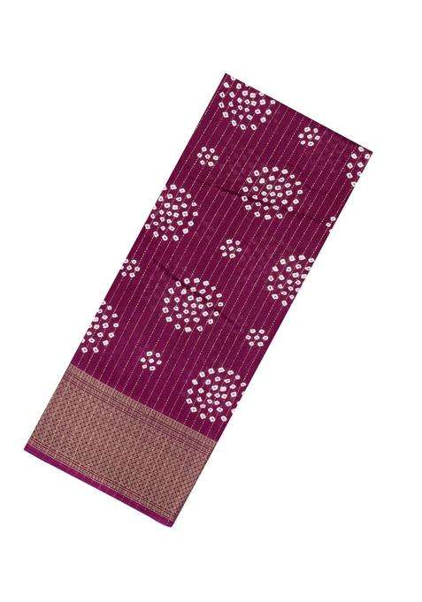 Burgundy Printed Synthetic Dola Silk Saree With Motifs Zari Stripes For Women