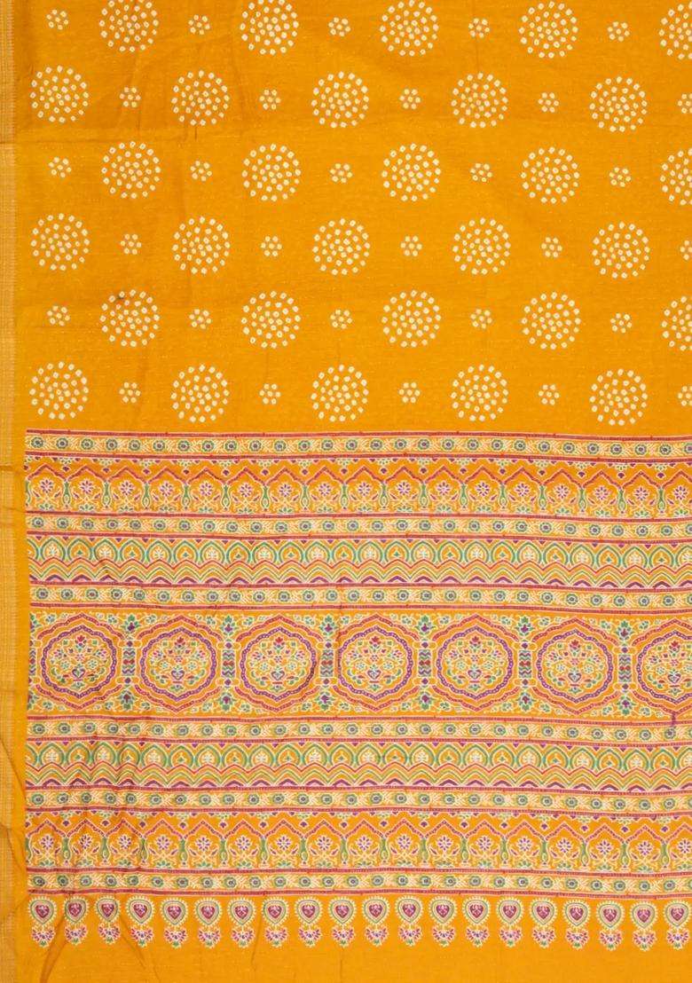 Yellow Printed Synthetic Dola Silk Saree With Motifs Zari Stripes For Women - Indya
