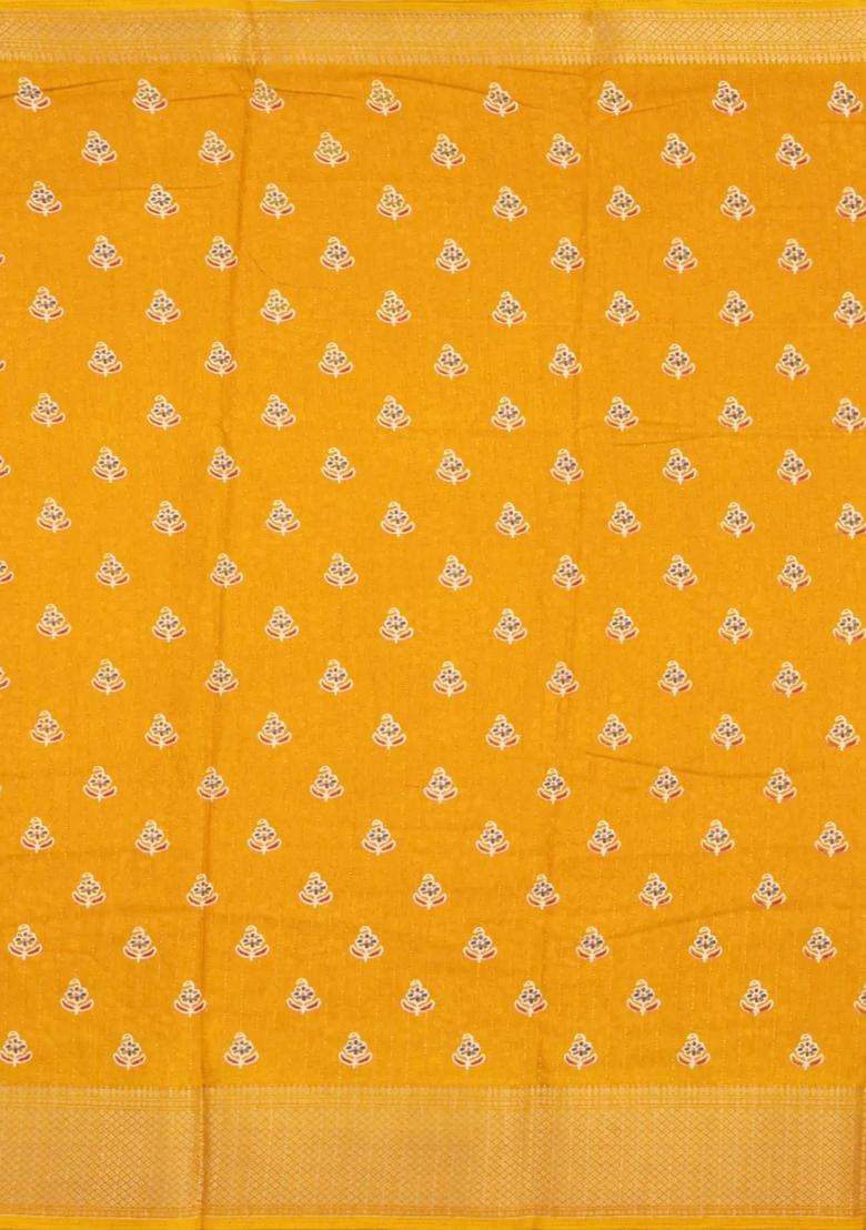 Yellow Printed Synthetic Dola Silk Saree With Motifs Zari Stripes For Women - Indya