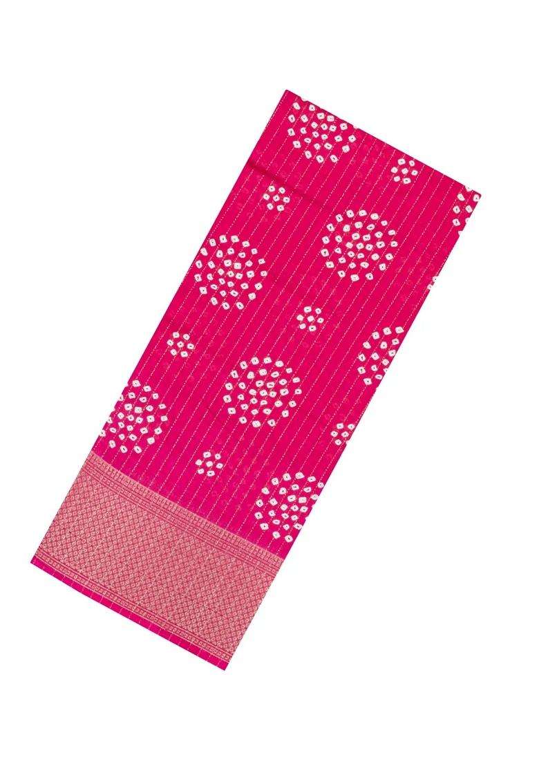 Hot Pink Printed Synthetic Dola Silk Saree With Motifs Zari Stripes For Women - Indya