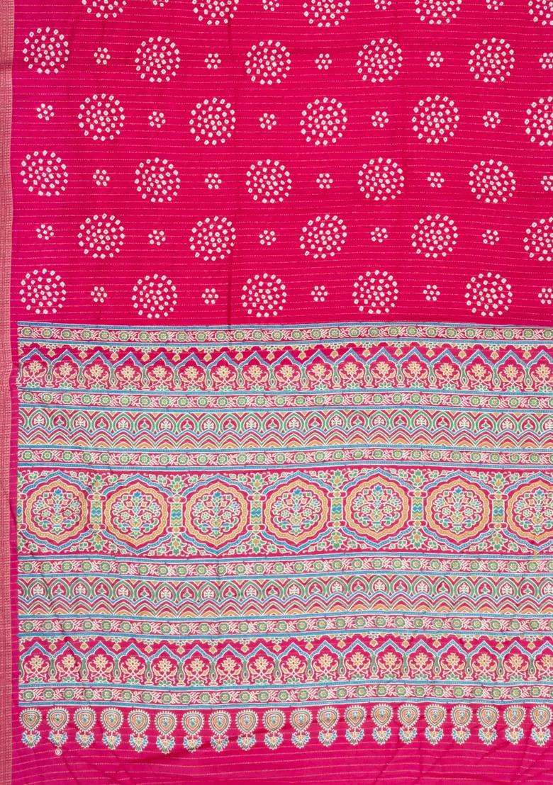 Hot Pink Printed Synthetic Dola Silk Saree With Motifs Zari Stripes For Women - Indya