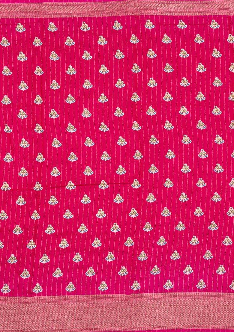 Hot Pink Printed Synthetic Dola Silk Saree With Motifs Zari Stripes For Women - Indya