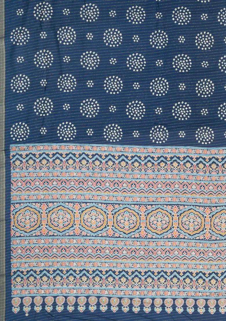 Navy Blue Printed Synthetic Dola Silk Saree With Motifs Zari Stripes For Women - Indya