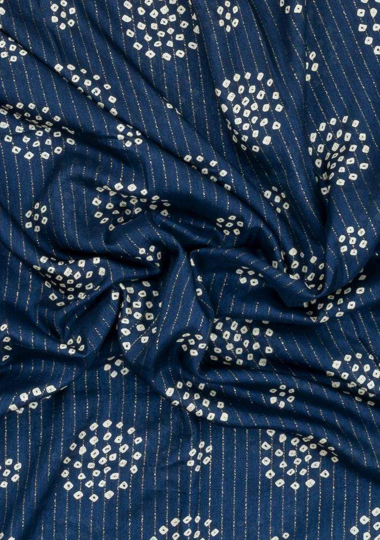 Navy Blue Printed Synthetic Dola Silk Saree With Motifs Zari Stripes For Women - Indya