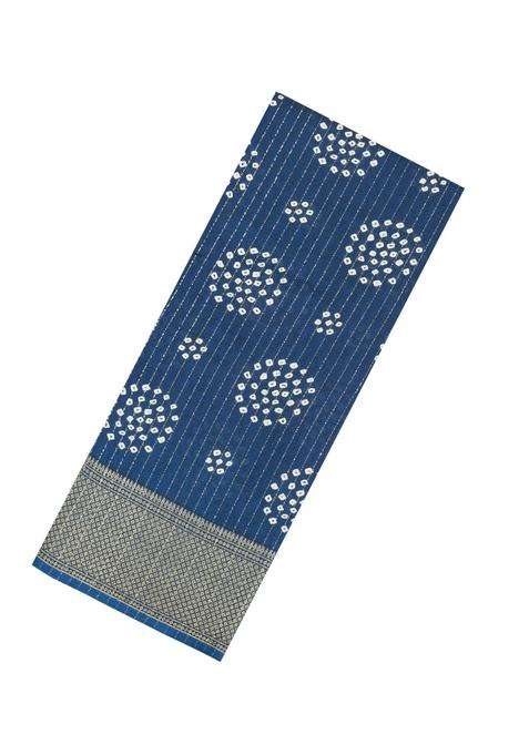 Navy Blue Printed Synthetic Dola Silk Saree With Motifs Zari Stripes For Women