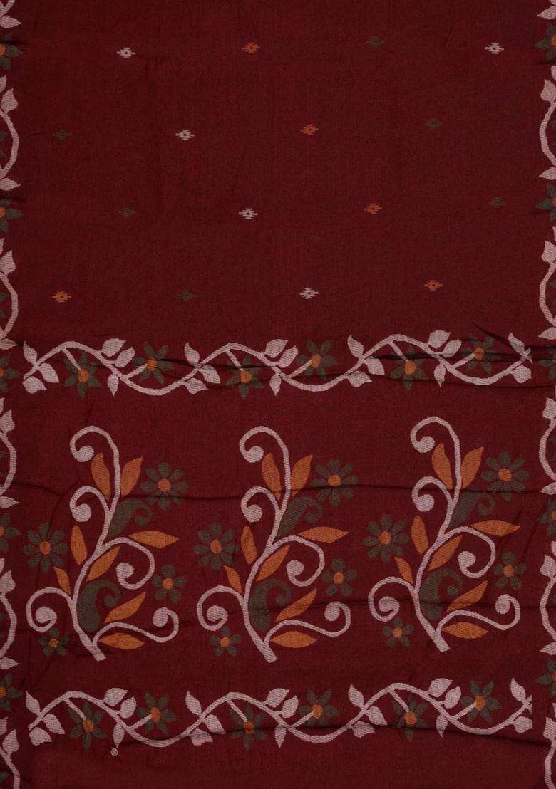 Maroon Printed Blended Erode Cotton Saree With Zari Border For Women - Indya