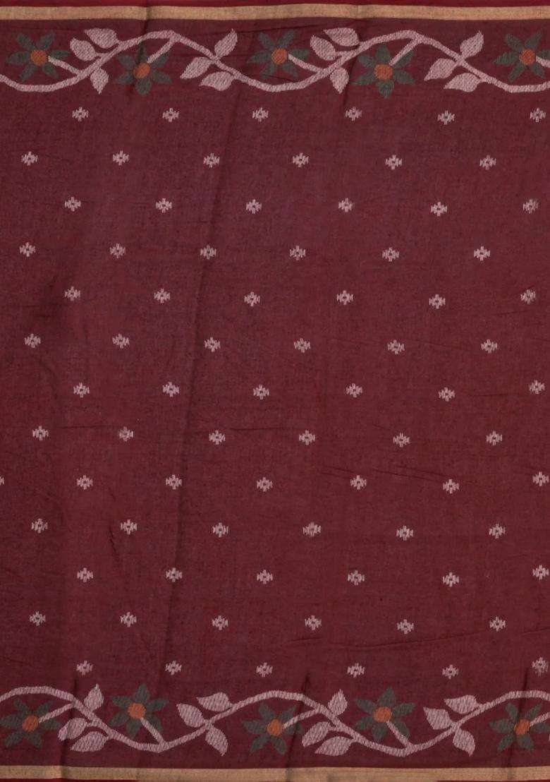 Maroon Printed Blended Erode Cotton Saree With Zari Border For Women - Indya