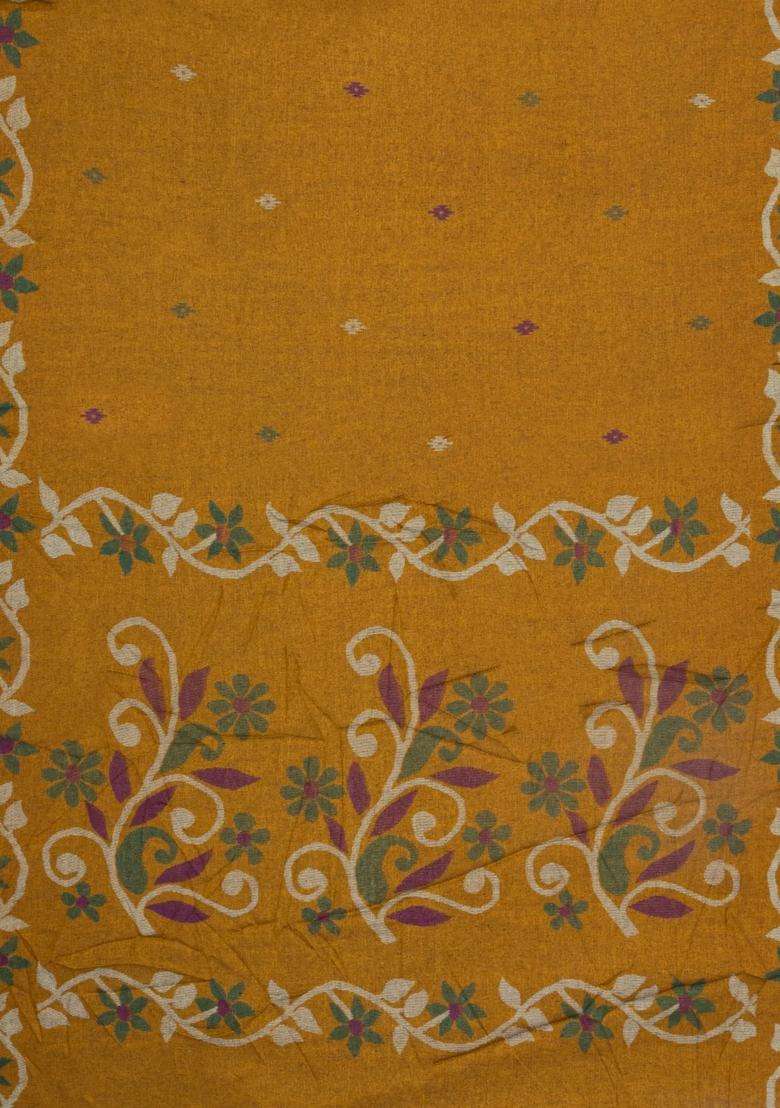 Mustard Printed Blended Erode Cotton Saree With Zari Border For Women - Indya