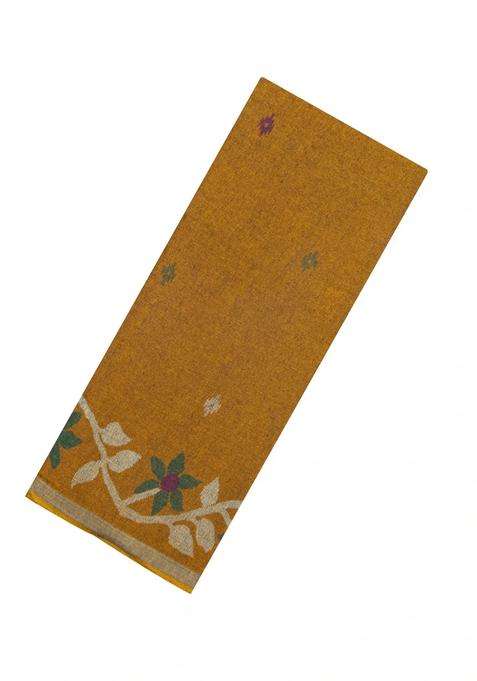 Mustard Printed Blended Erode Cotton Saree With Zari Border For Women