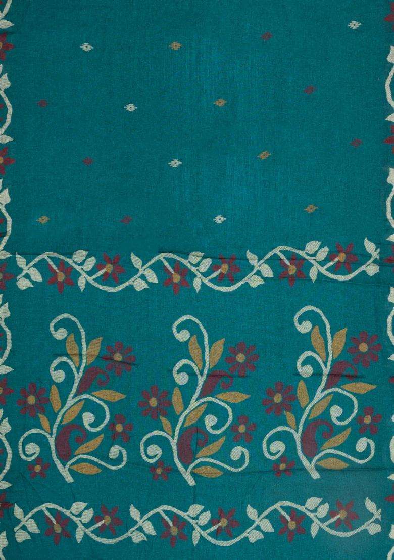 Teal Printed Blended Erode Cotton Saree With Zari Border For Women - Indya