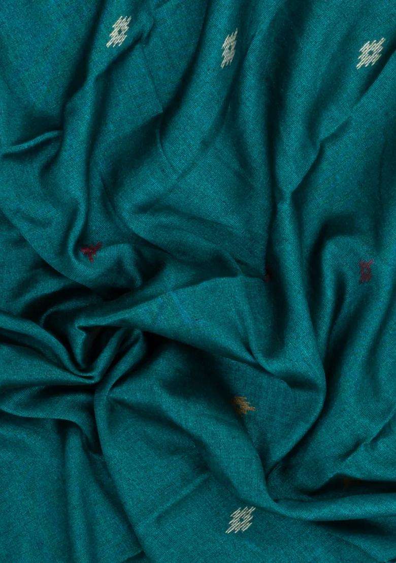 Teal Printed Blended Erode Cotton Saree With Zari Border For Women - Indya
