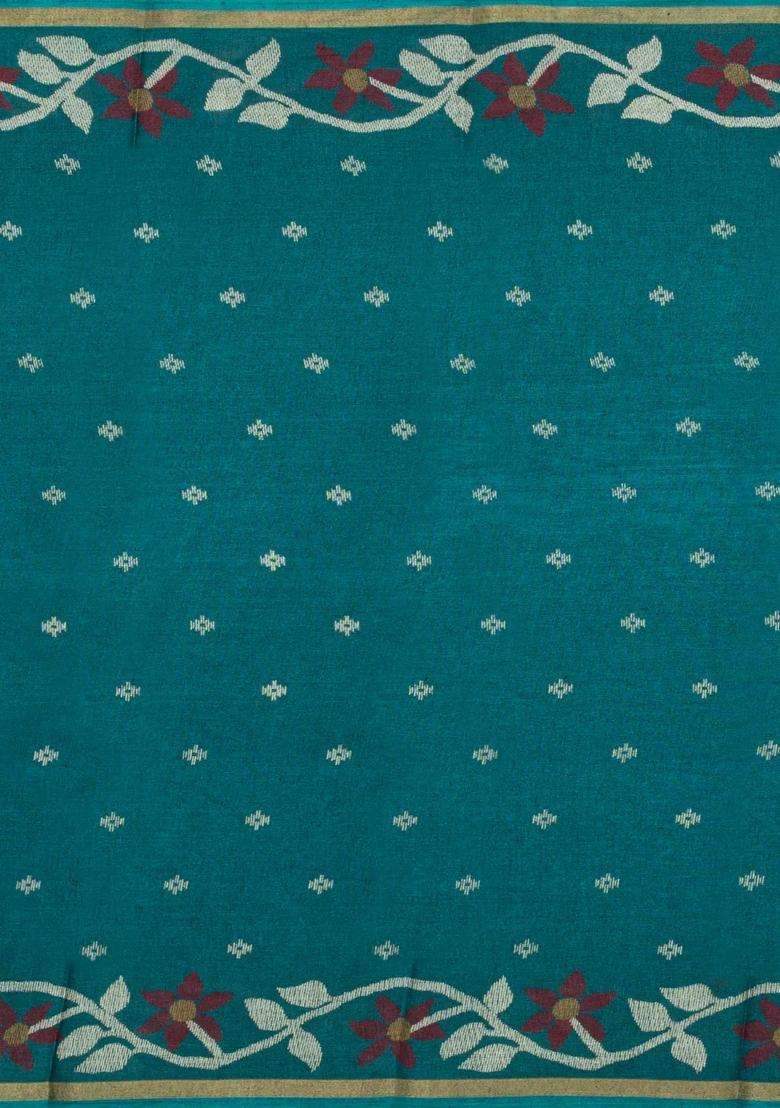 Teal Printed Blended Erode Cotton Saree With Zari Border For Women - Indya