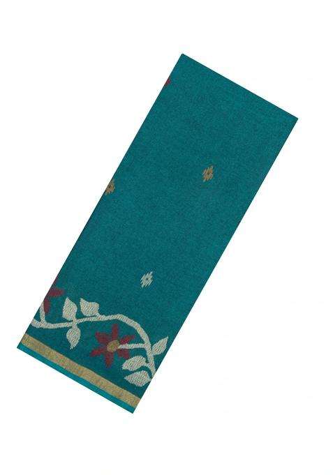 Teal Printed Blended Erode Cotton Saree With Zari Border For Women