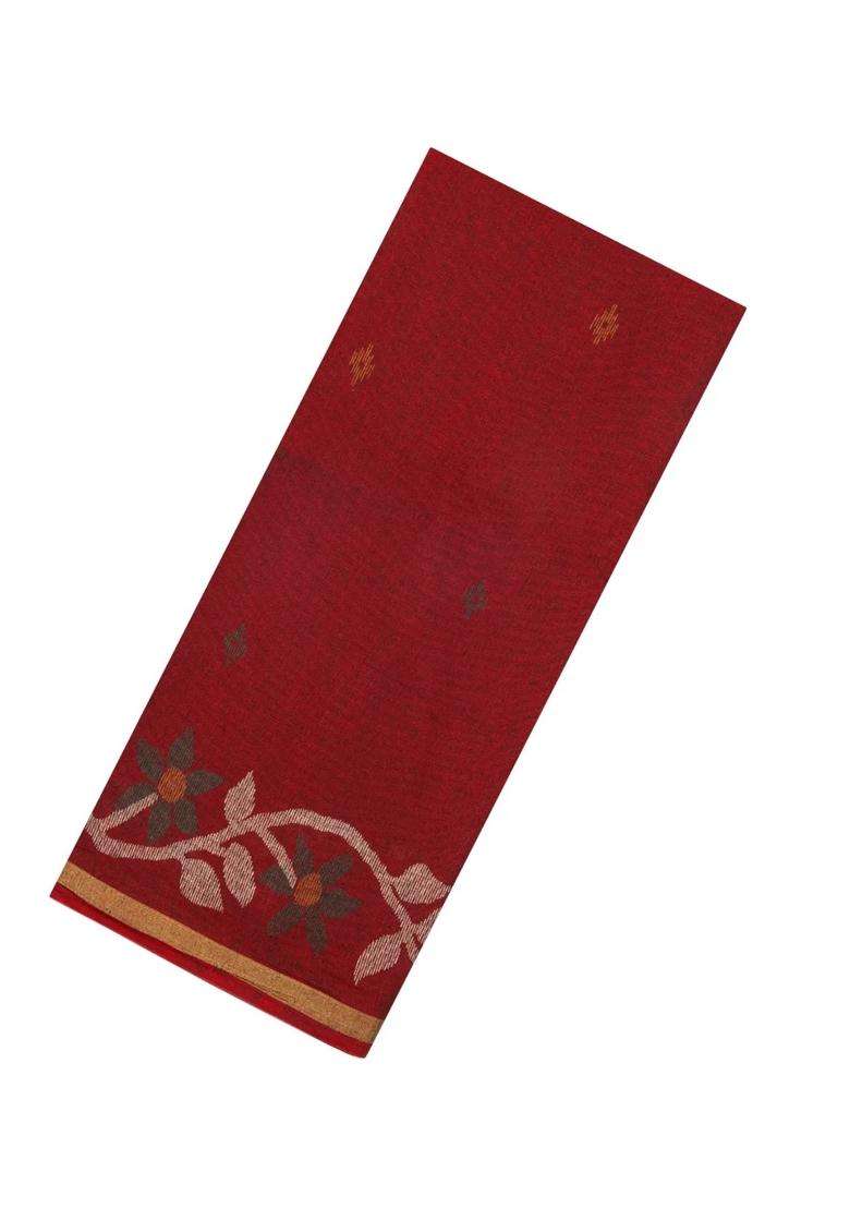Red Printed Blended Erode Cotton Saree With Zari Border For Women - Indya