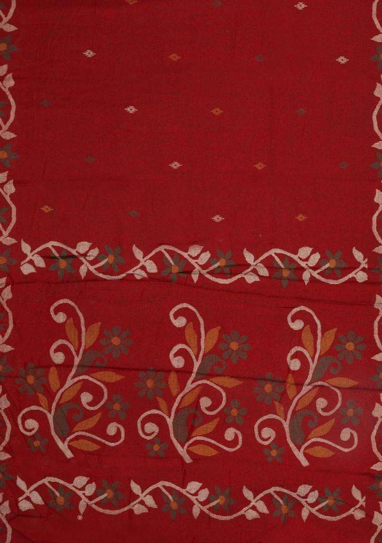 Red Printed Blended Erode Cotton Saree With Zari Border For Women - Indya