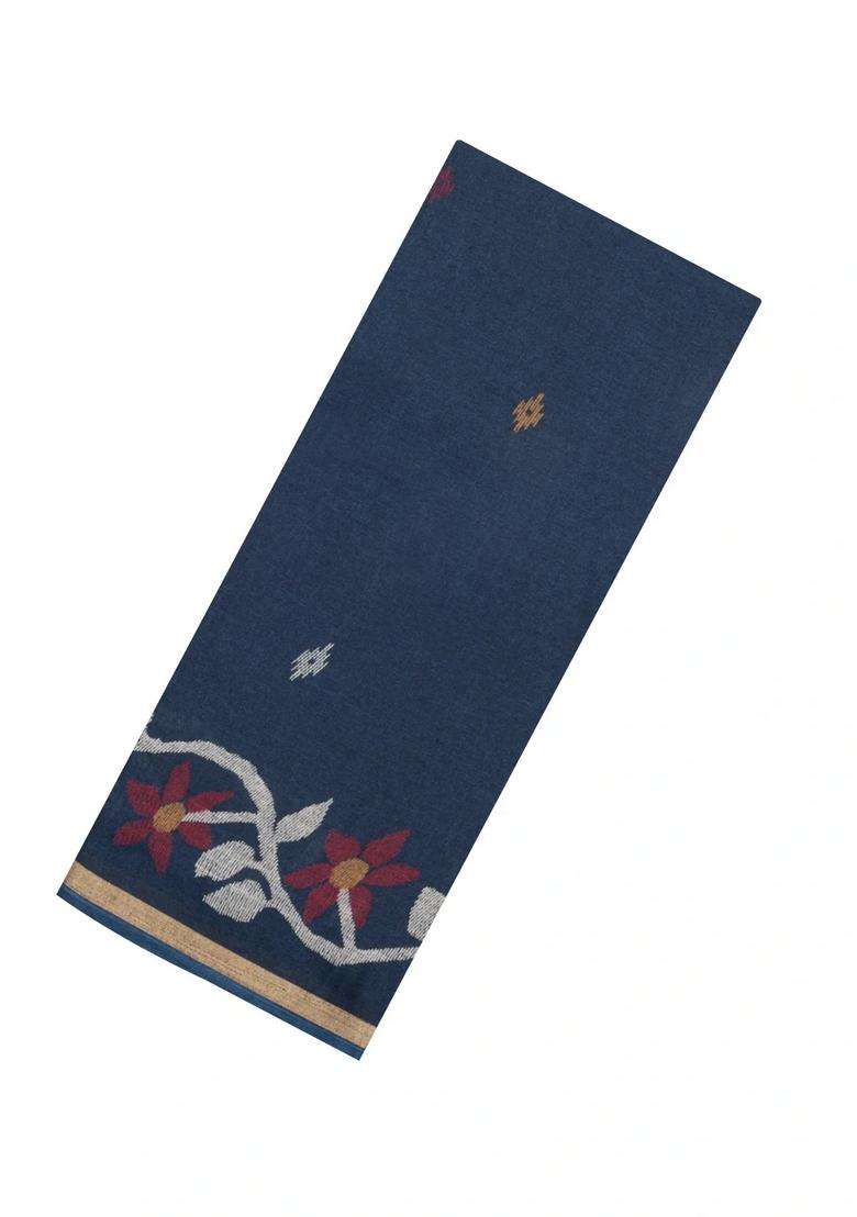 Dark Grey Printed Blended Erode Cotton Saree With Zari Border For Women - Indya