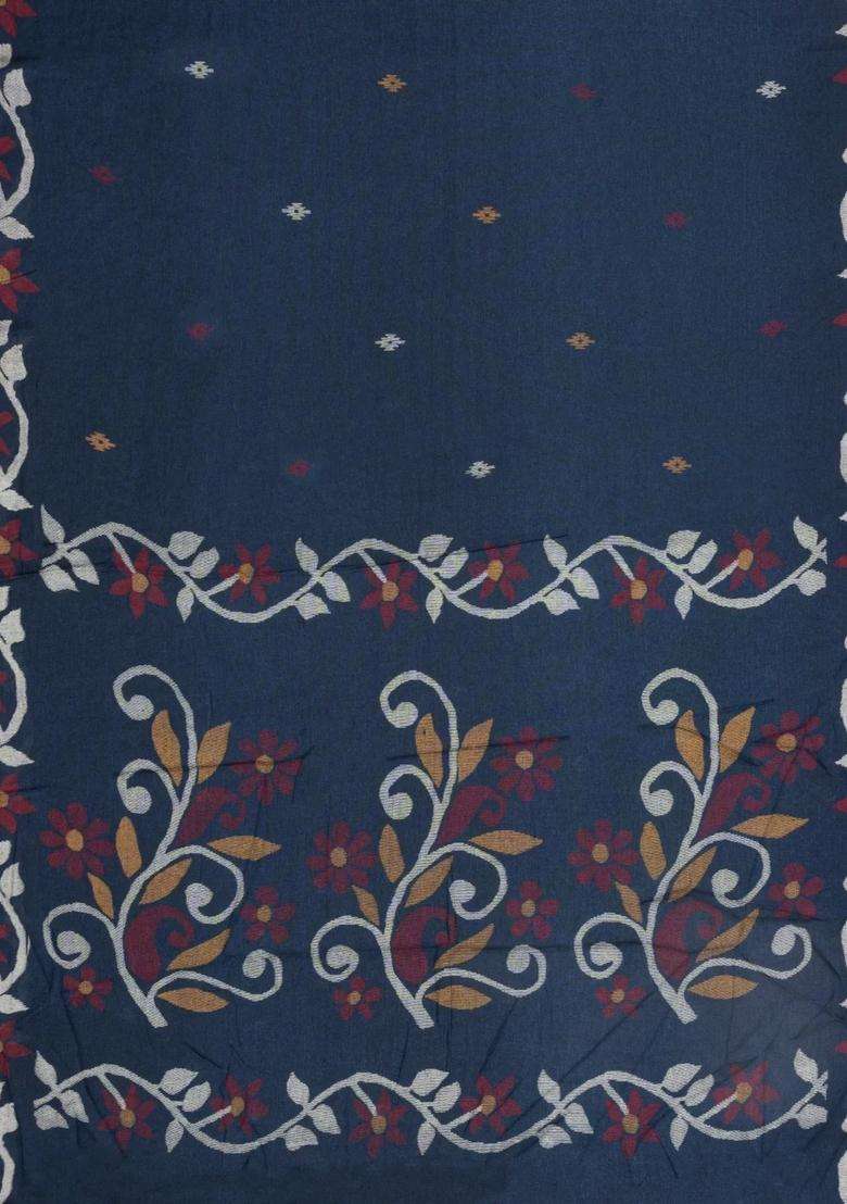 Dark Grey Printed Blended Erode Cotton Saree With Zari Border For Women - Indya