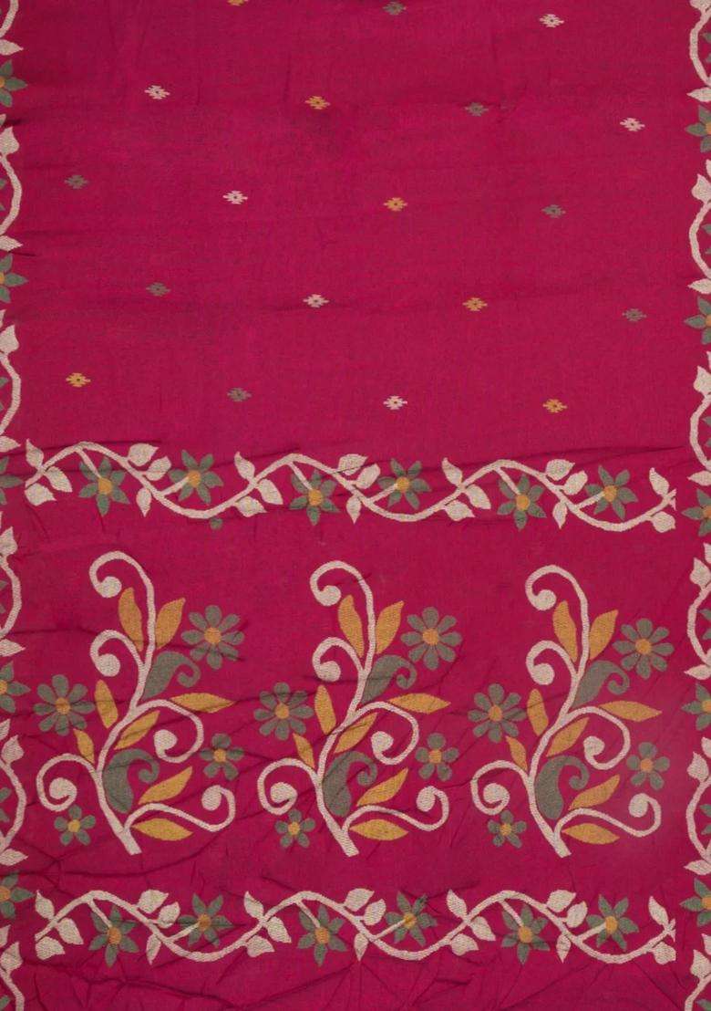 Magenta Printed Blended Erode Cotton Saree With Zari Border For Women - Indya