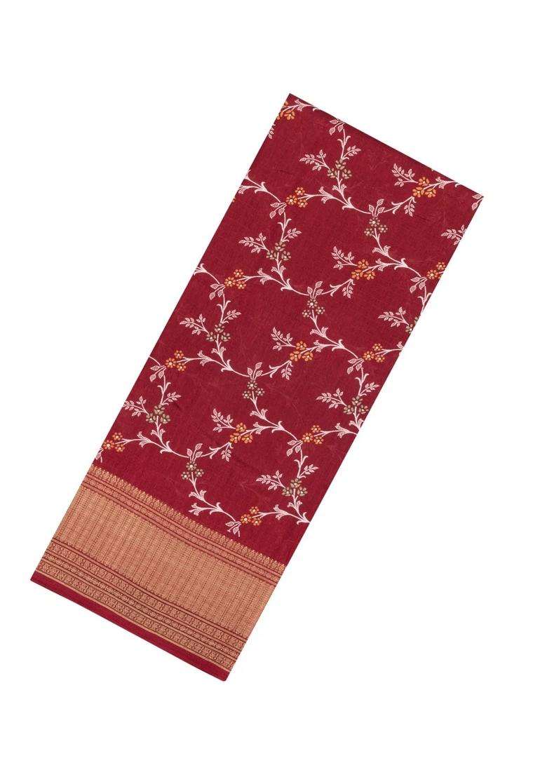 Maroon Printed Synthetic Dola Silk Saree With Floral Motifs Zari Stripes For Women - Indya