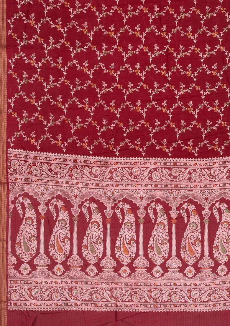 Maroon Printed Synthetic Dola Silk Saree With Floral Motifs Zari Stripes For Women - Indya