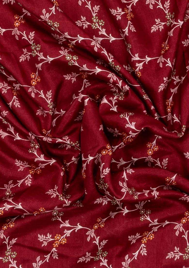 Maroon Printed Synthetic Dola Silk Saree With Floral Motifs Zari Stripes For Women - Indya