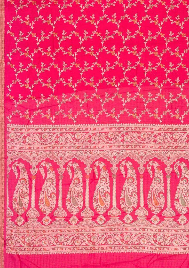 Hot Pink Printed Synthetic Dola Silk Saree With Floral Motifs Zari Stripes For Women - Indya