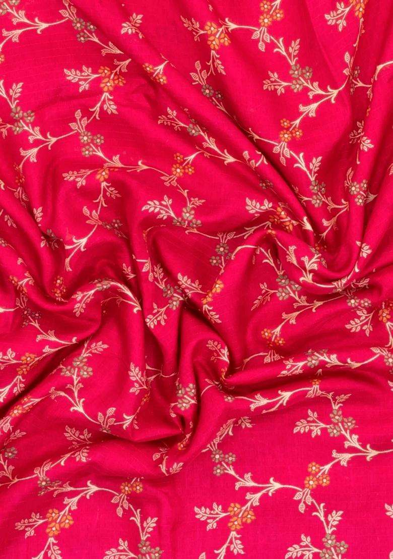 Hot Pink Printed Synthetic Dola Silk Saree With Floral Motifs Zari Stripes For Women - Indya
