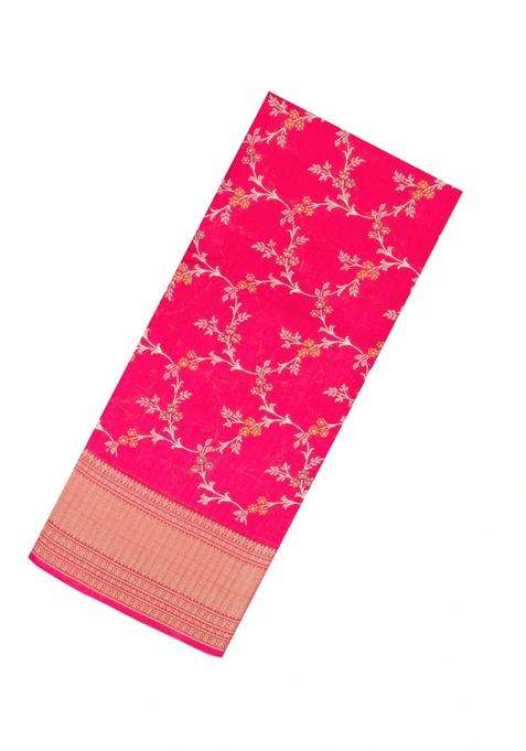 Hot Pink Printed Synthetic Dola Silk Saree With Floral Motifs Zari Stripes For Women