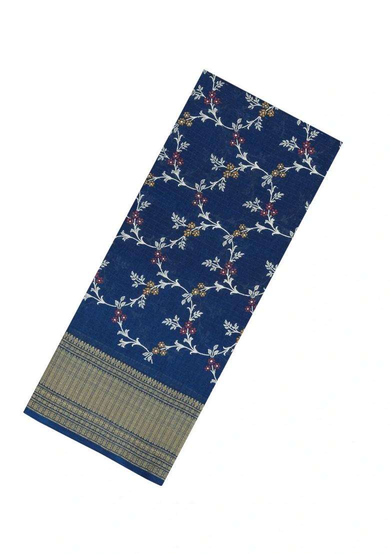 Navy Blue Printed Synthetic Dola Silk Saree With Floral Motifs Zari Stripes For Women - Indya